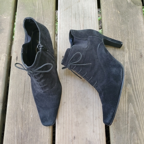Vintage 90s y2k Black Leather Square Toe Chunky Lace-up Lolita Granny Booties 9 - Picture 1 of 10